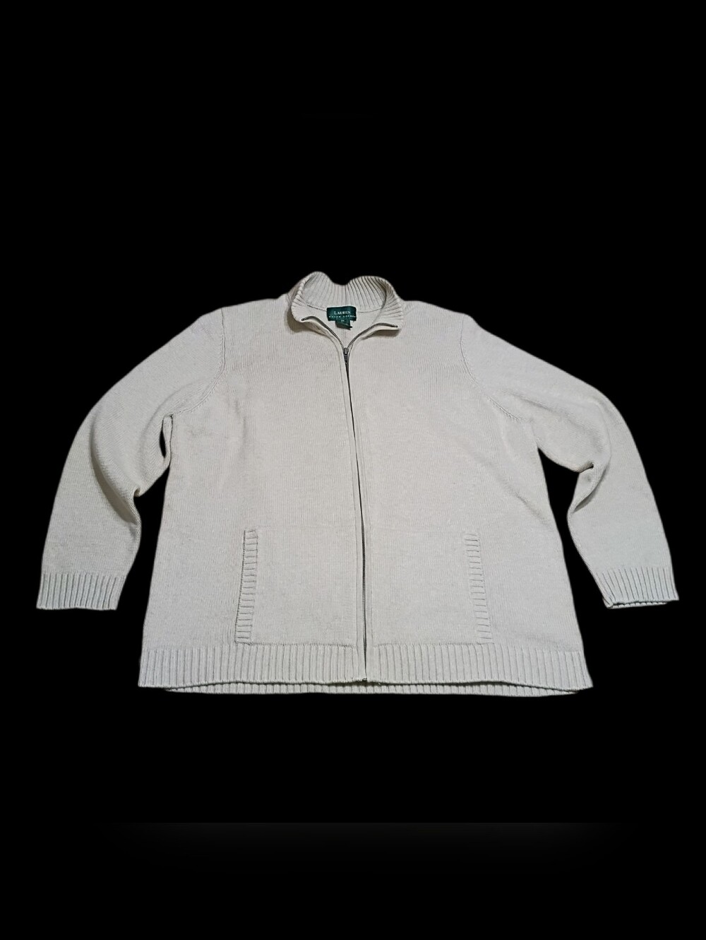 Vintage Lauren Ralph Lauren Heavy Ribbed Knit Full Zip Sweater Cream Beige XXL